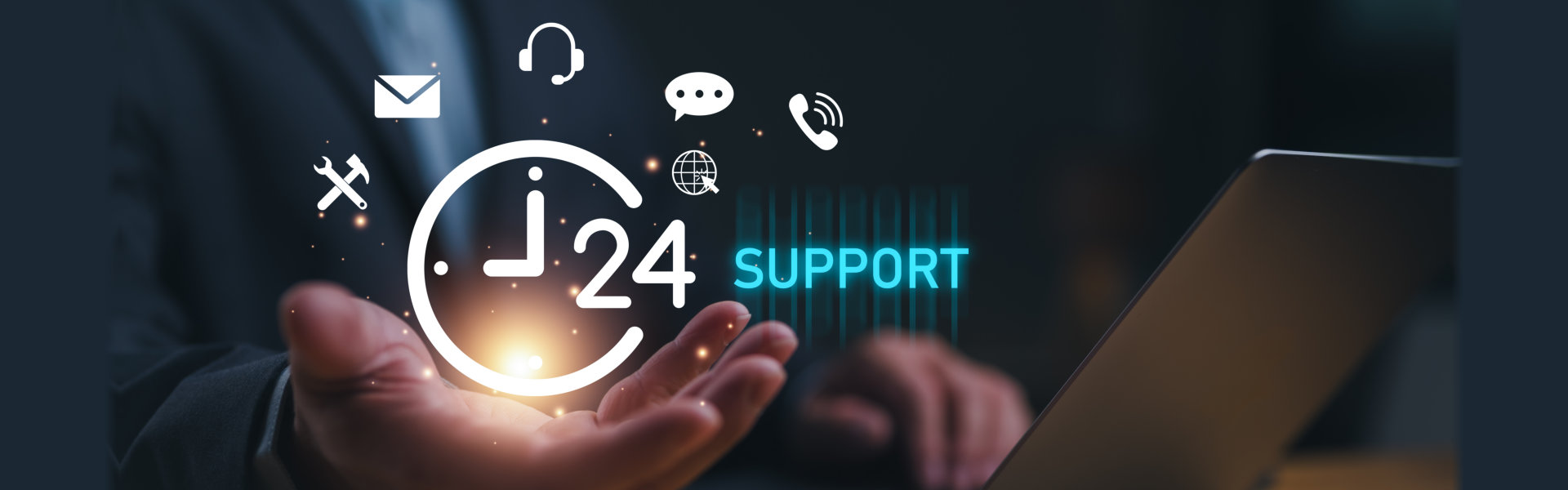 Businessman holding icon virtual 24 support services